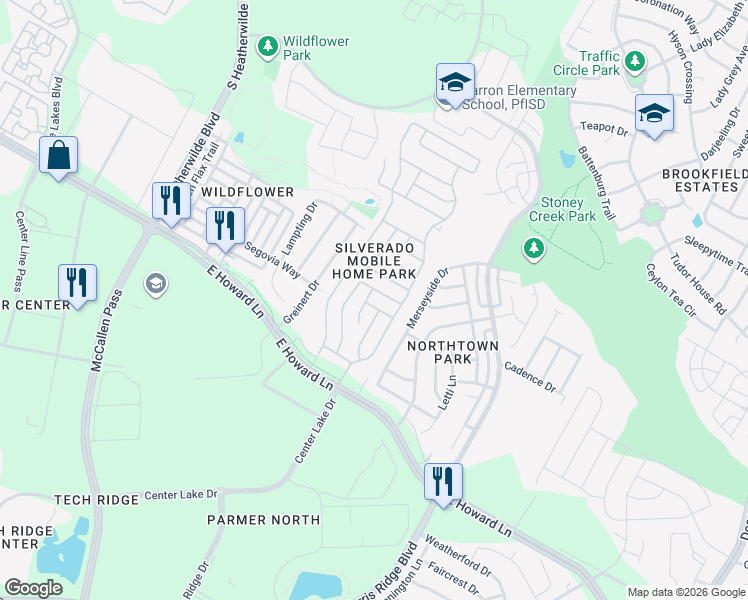 map of restaurants, bars, coffee shops, grocery stores, and more near Itasca Drive in Pflugerville