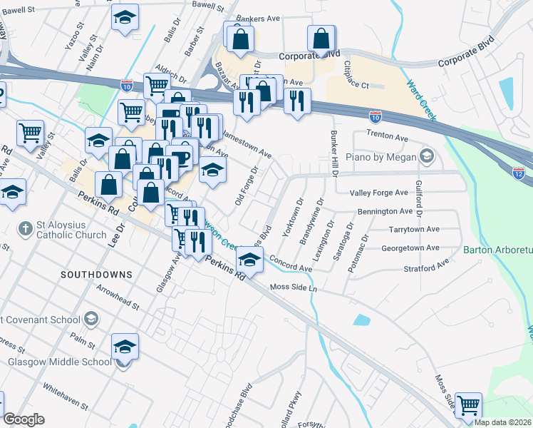 map of restaurants, bars, coffee shops, grocery stores, and more near 3030 Congress Boulevard in Baton Rouge
