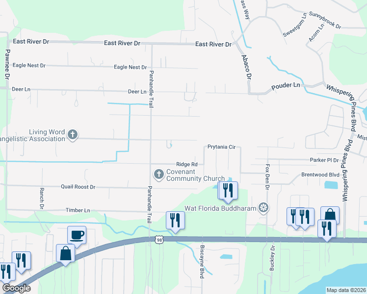 map of restaurants, bars, coffee shops, grocery stores, and more near 9265 Sunset Drive in Navarre