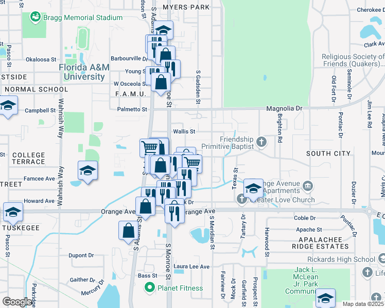 map of restaurants, bars, coffee shops, grocery stores, and more near 400 Putnam Drive in Tallahassee