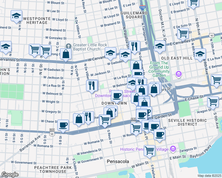 map of restaurants, bars, coffee shops, grocery stores, and more near 401 North Barcelona Street in Pensacola