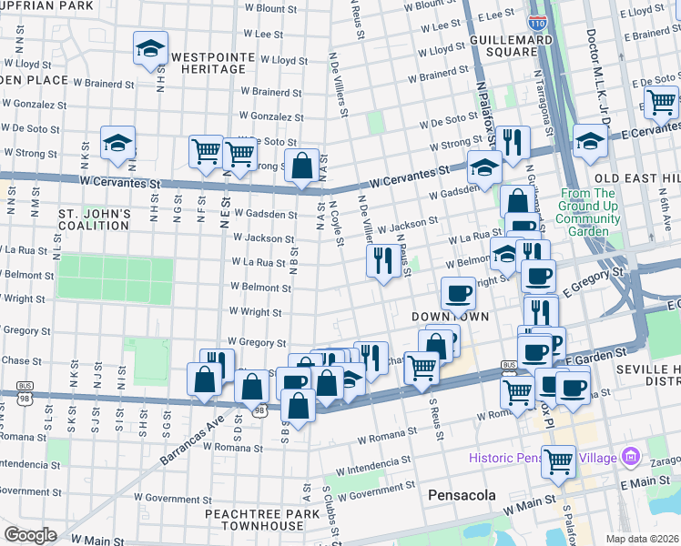 map of restaurants, bars, coffee shops, grocery stores, and more near 607 West La Rua Street in Pensacola