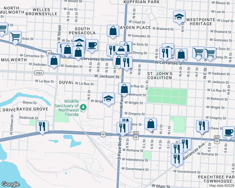 map of restaurants, bars, coffee shops, grocery stores, and more near 400 U.S. 98 in Pensacola