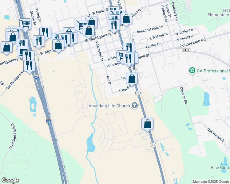 map of restaurants, bars, coffee shops, grocery stores, and more near 710 South Campbell Street in Willis