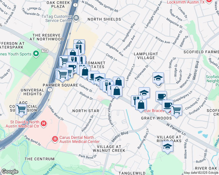 map of restaurants, bars, coffee shops, grocery stores, and more near 2104 Lamplight Village Circle in Austin