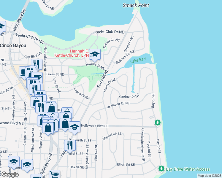 map of restaurants, bars, coffee shops, grocery stores, and more near 311 Smith Drive Northeast in Fort Walton Beach