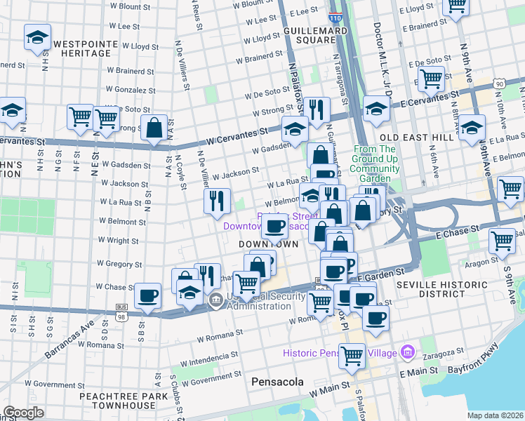 map of restaurants, bars, coffee shops, grocery stores, and more near 401 North Barcelona Street in Pensacola