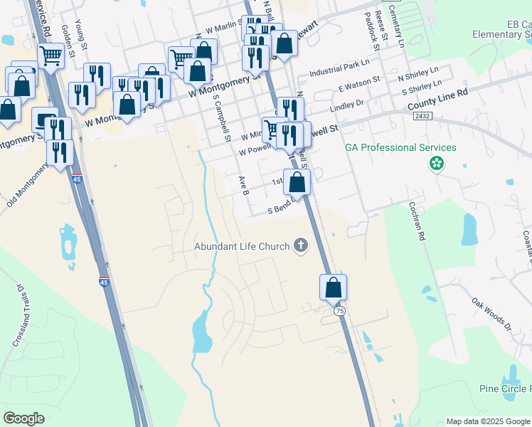 map of restaurants, bars, coffee shops, grocery stores, and more near 143a South Bend Drive in Willis