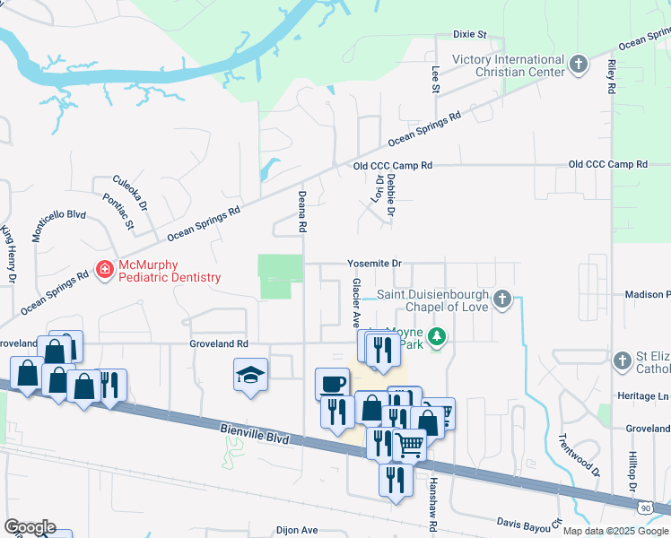 map of restaurants, bars, coffee shops, grocery stores, and more near 3909 Yosemite Drive in Ocean Springs