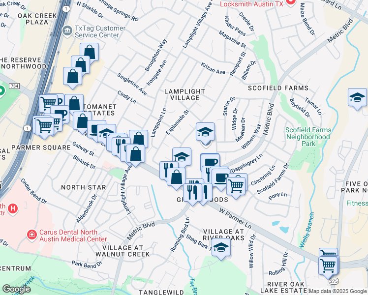 map of restaurants, bars, coffee shops, grocery stores, and more near 1901 Mirabeau Street in Austin