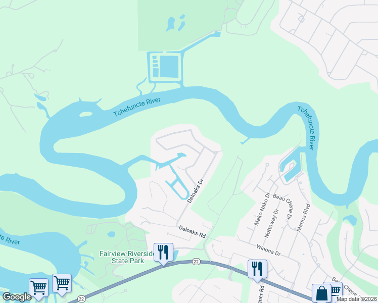 map of restaurants, bars, coffee shops, grocery stores, and more near 112 Bayou Perez Drive in Madisonville