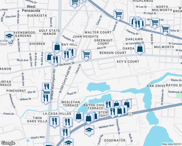 map of restaurants, bars, coffee shops, grocery stores, and more near 4208 Jean Street in Pensacola