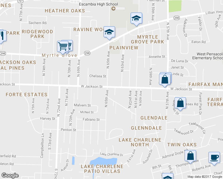 map of restaurants, bars, coffee shops, grocery stores, and more near 6409 West Jackson Street in Pensacola