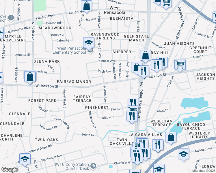 map of restaurants, bars, coffee shops, grocery stores, and more near 104 Pine Tree Court in Pensacola