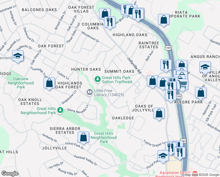 map of restaurants, bars, coffee shops, grocery stores, and more near 5813 Miramonte Drive in Austin