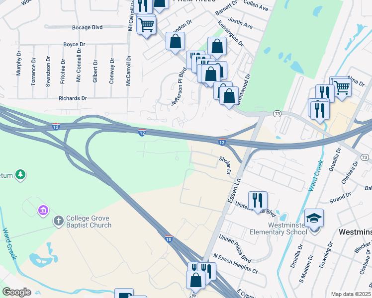 map of restaurants, bars, coffee shops, grocery stores, and more near 8071 Sholar Drive in Baton Rouge