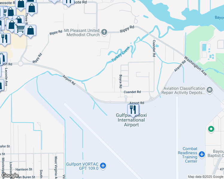 map of restaurants, bars, coffee shops, grocery stores, and more near 23 Cuandet Road in Gulfport