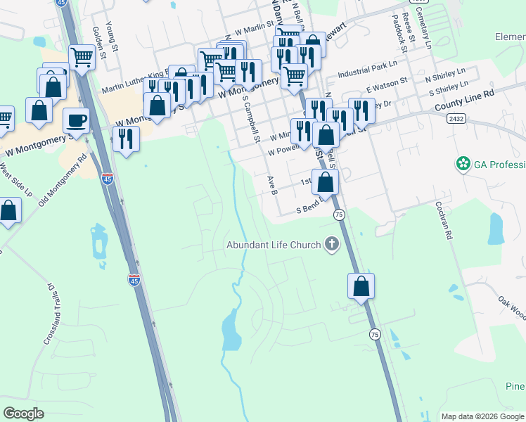 map of restaurants, bars, coffee shops, grocery stores, and more near 409 1st Street in Willis