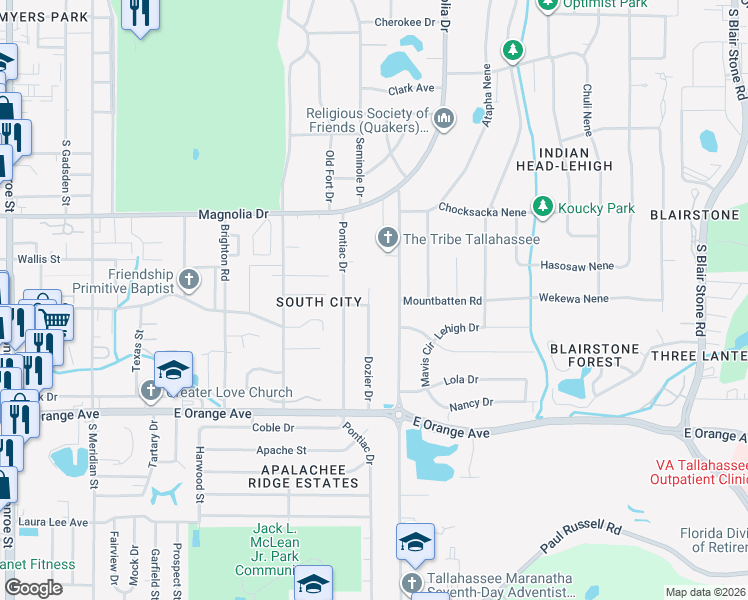 map of restaurants, bars, coffee shops, grocery stores, and more near 2230 Dozier Drive in Tallahassee