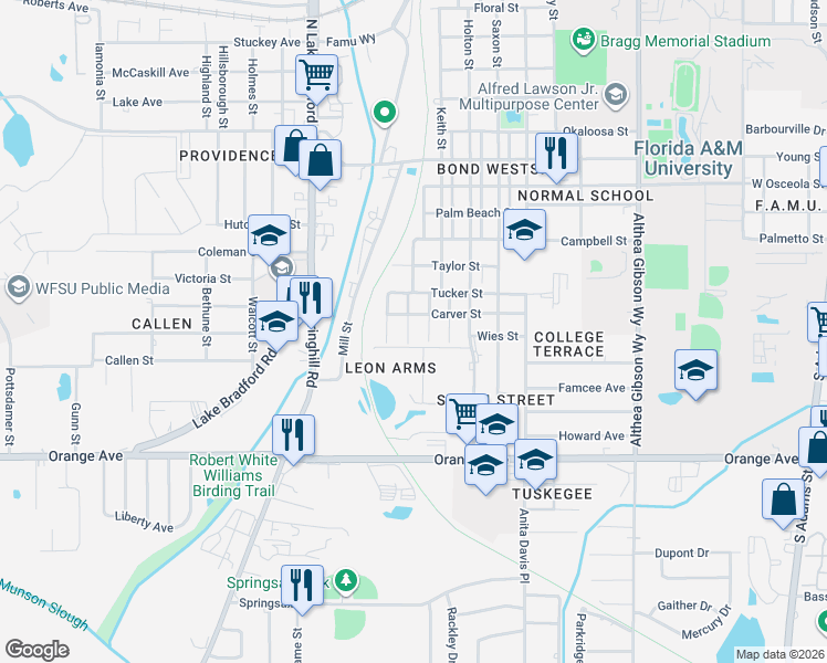 map of restaurants, bars, coffee shops, grocery stores, and more near 2317 Oliver Street in Tallahassee