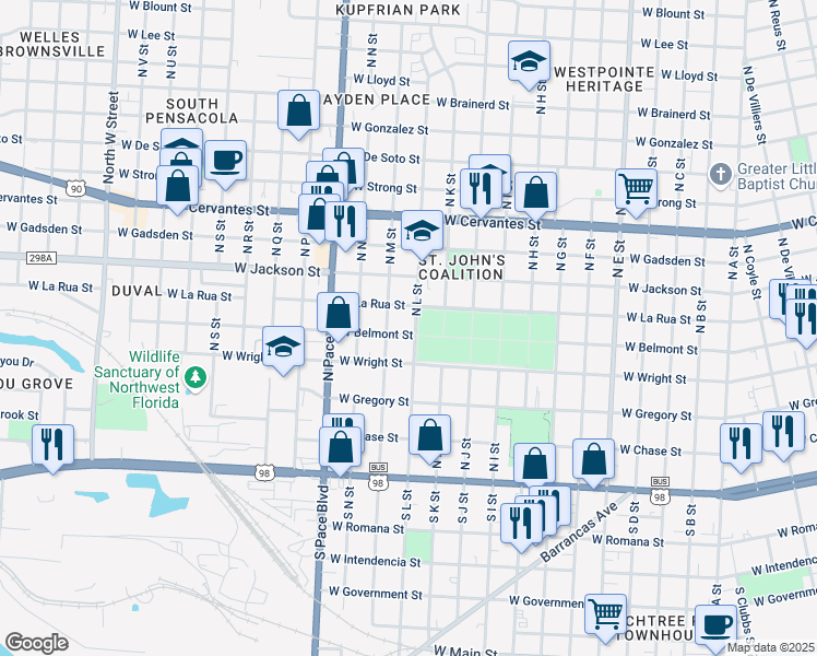 map of restaurants, bars, coffee shops, grocery stores, and more near 411 North L Street in Pensacola