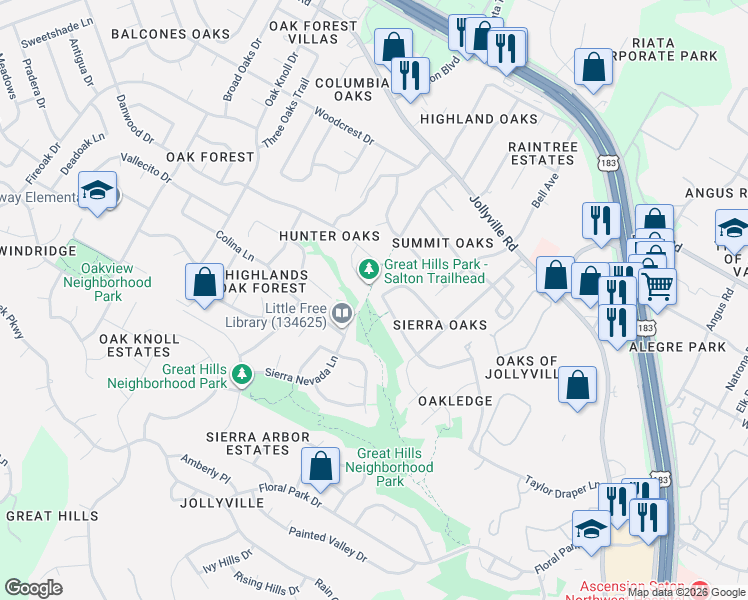 map of restaurants, bars, coffee shops, grocery stores, and more near 5925 Taylor Draper Cove in Austin
