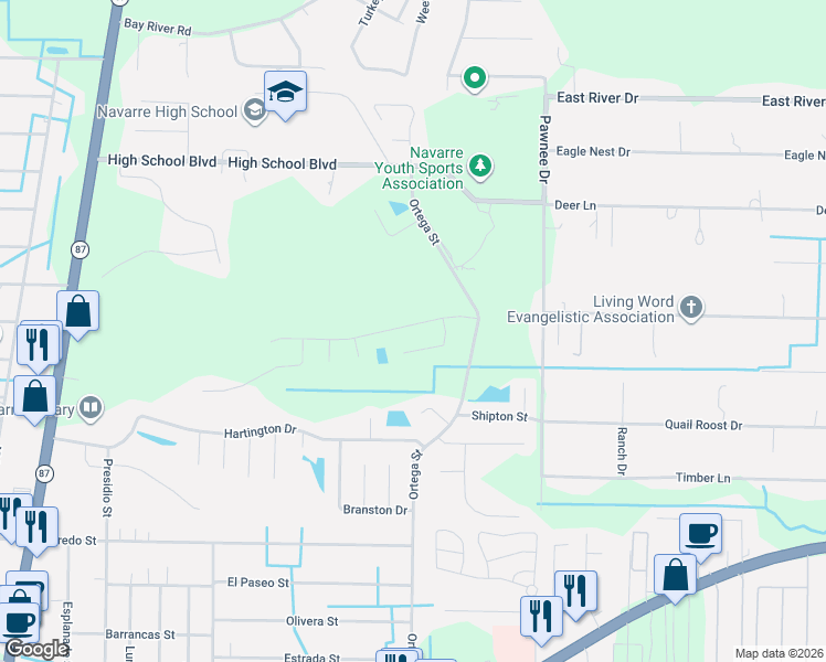 map of restaurants, bars, coffee shops, grocery stores, and more near 8228 Cosica Boulevard in Navarre