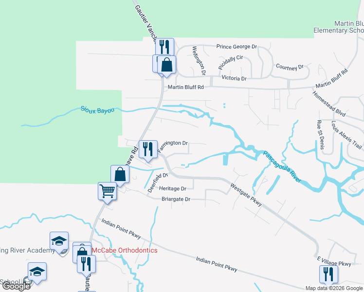 map of restaurants, bars, coffee shops, grocery stores, and more near 2301 Farmington Drive in Gautier