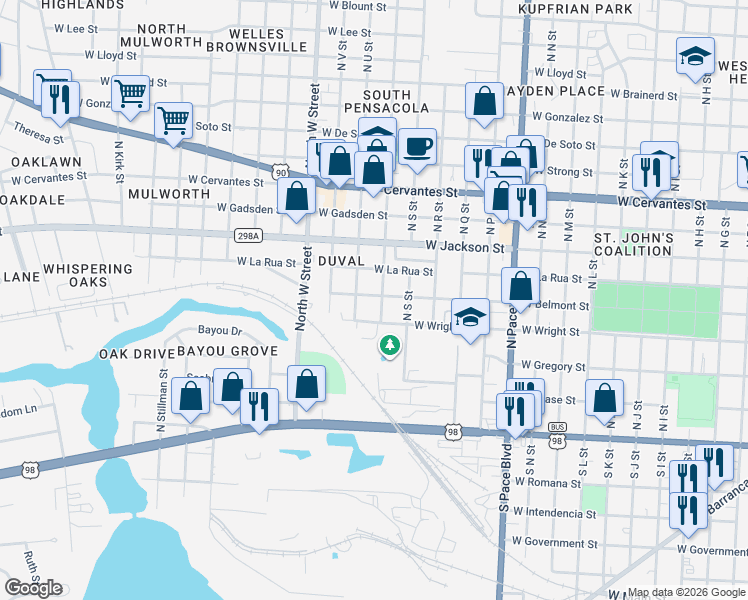 map of restaurants, bars, coffee shops, grocery stores, and more near 2603 West Belmont Street in Pensacola
