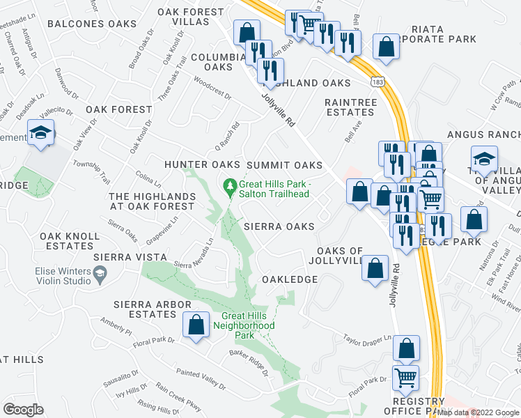 map of restaurants, bars, coffee shops, grocery stores, and more near 5813 Miramonte Drive in Austin