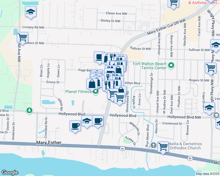 map of restaurants, bars, coffee shops, grocery stores, and more near 351 Florida 393 in Mary Esther