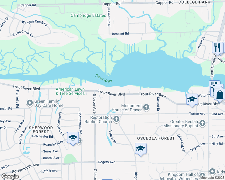 map of restaurants, bars, coffee shops, grocery stores, and more near 4035 Trout River Blvd in Jacksonville