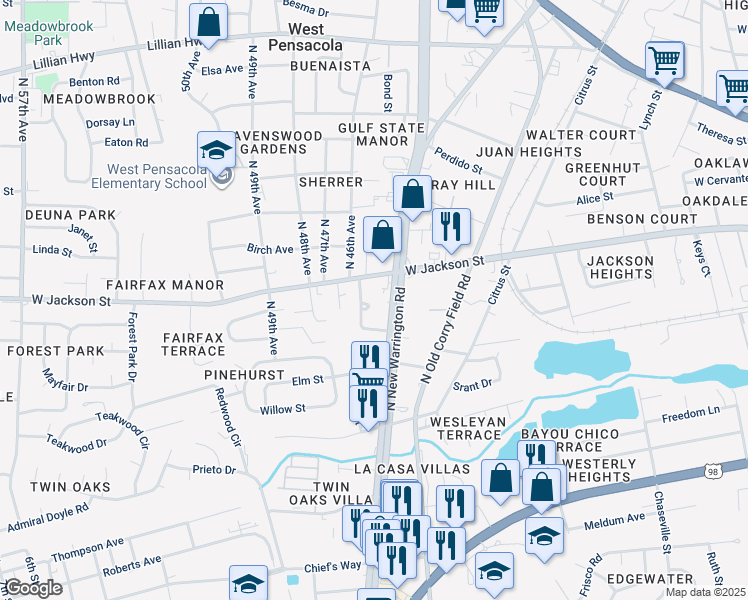 map of restaurants, bars, coffee shops, grocery stores, and more near 14 Gulf Street in Pensacola