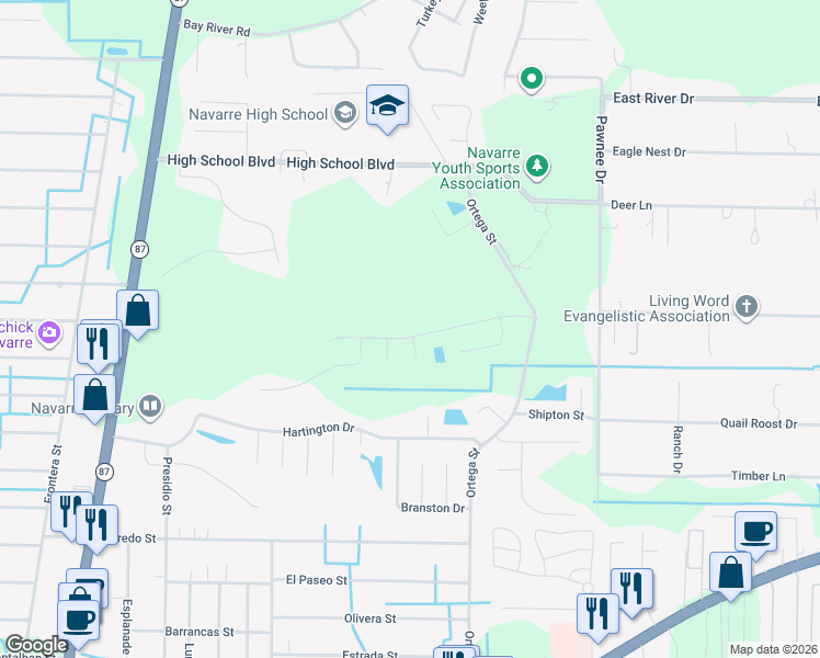 map of restaurants, bars, coffee shops, grocery stores, and more near 8186 Cosica Boulevard in Navarre