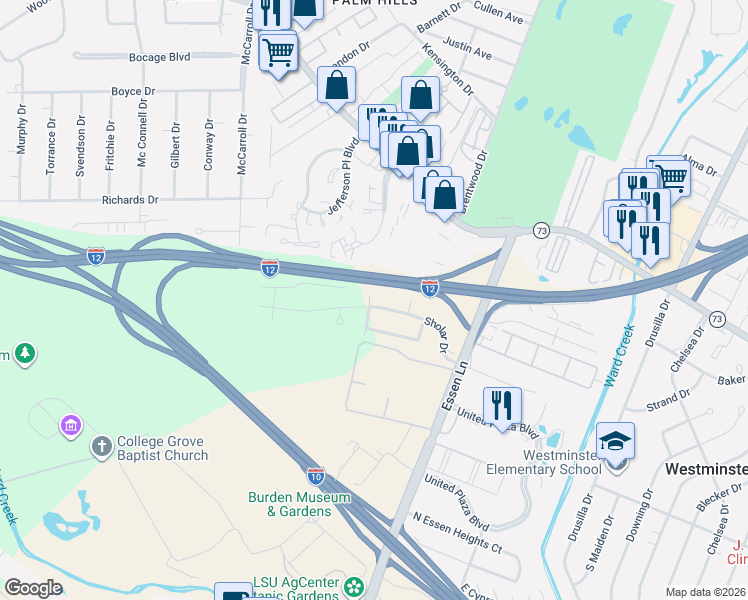 map of restaurants, bars, coffee shops, grocery stores, and more near 8109 Sholar Drive in Baton Rouge