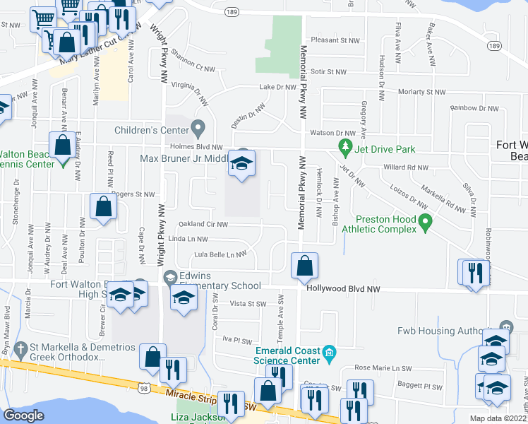 map of restaurants, bars, coffee shops, grocery stores, and more near 304 Sikes Circle Northwest in Fort Walton Beach