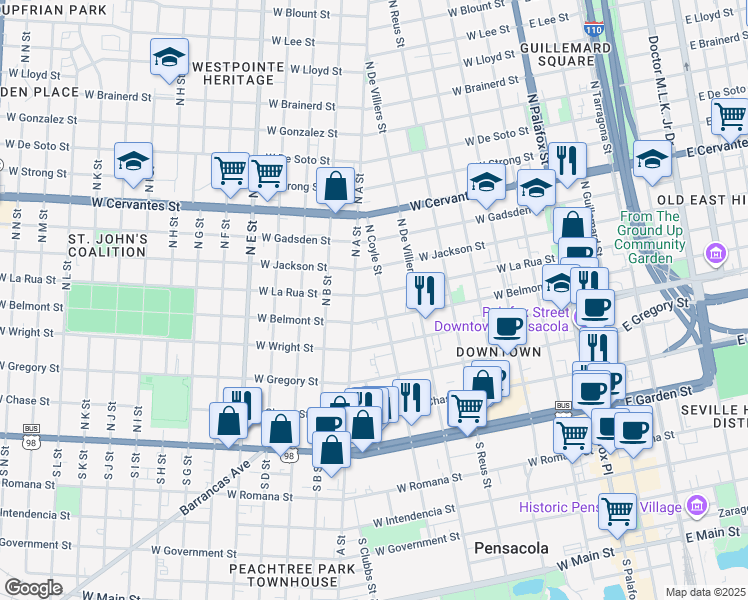 map of restaurants, bars, coffee shops, grocery stores, and more near 607 W La Rua St in Pensacola