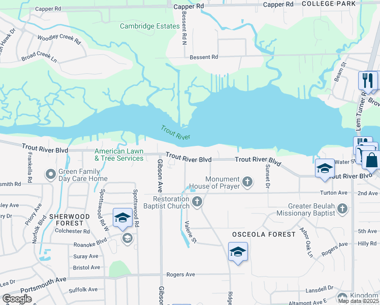 map of restaurants, bars, coffee shops, grocery stores, and more near 4035 Trout River Boulevard in Jacksonville