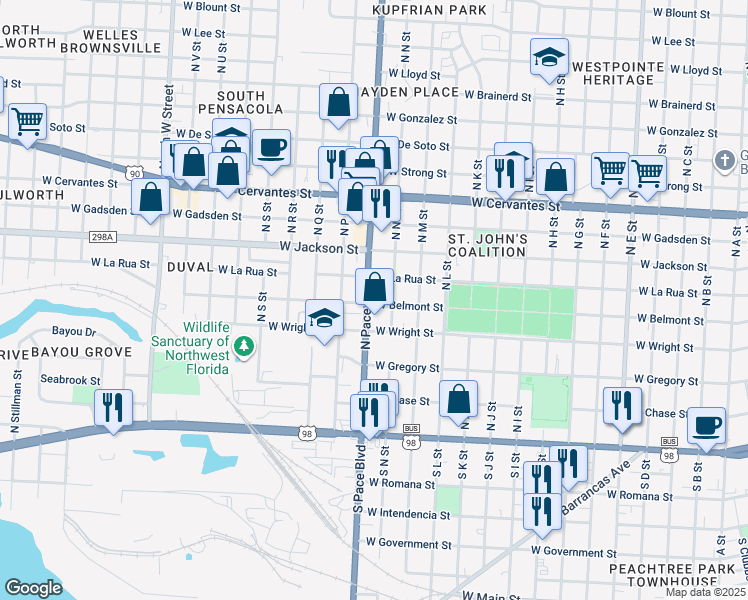 map of restaurants, bars, coffee shops, grocery stores, and more near 400 U.S. 98 in Pensacola
