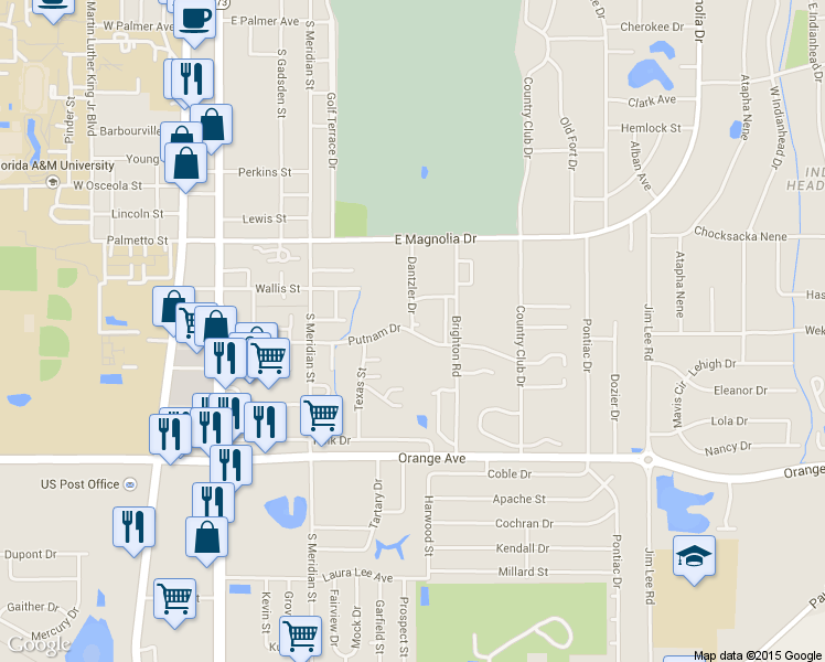 map of restaurants, bars, coffee shops, grocery stores, and more near 700 Putnam Drive in Tallahassee