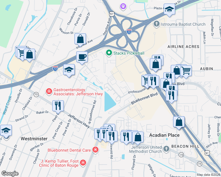 map of restaurants, bars, coffee shops, grocery stores, and more near 10298 North Winston Avenue in Baton Rouge