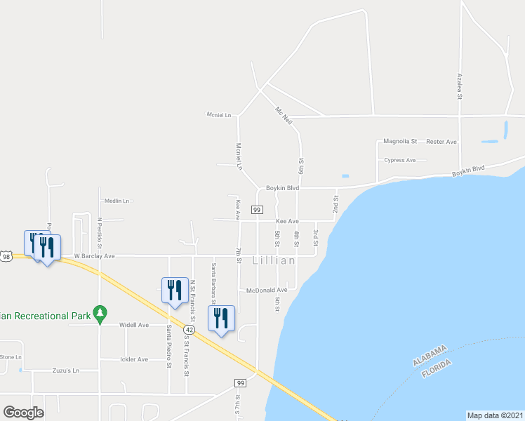 map of restaurants, bars, coffee shops, grocery stores, and more near 13166 6th Street in Lillian
