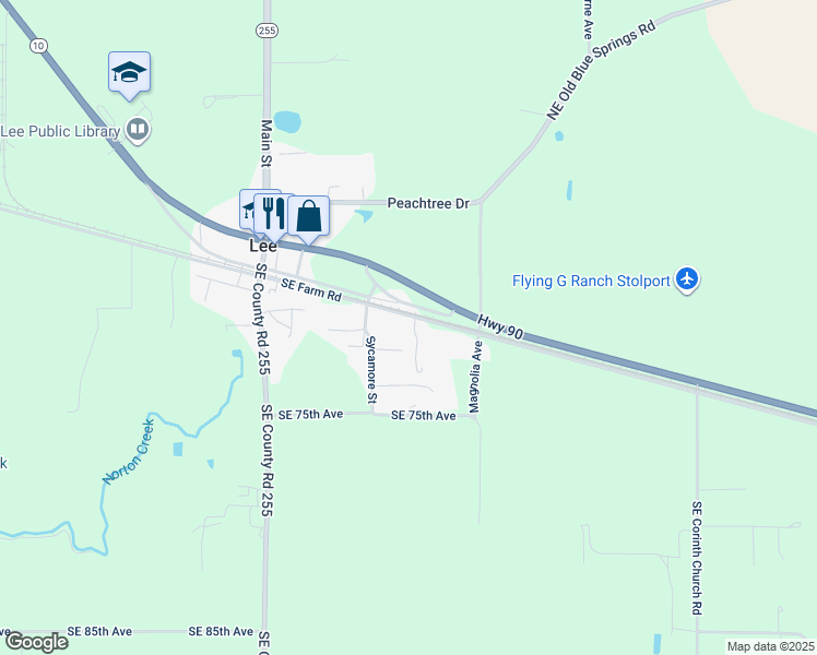 map of restaurants, bars, coffee shops, grocery stores, and more near 7512 Southeast Farm Road in Lee