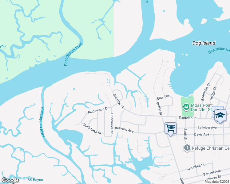 map of restaurants, bars, coffee shops, grocery stores, and more near 2719 Dantzler St in Moss Point