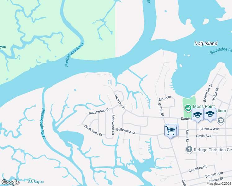 map of restaurants, bars, coffee shops, grocery stores, and more near 2719 Dantzler Street in Moss Point