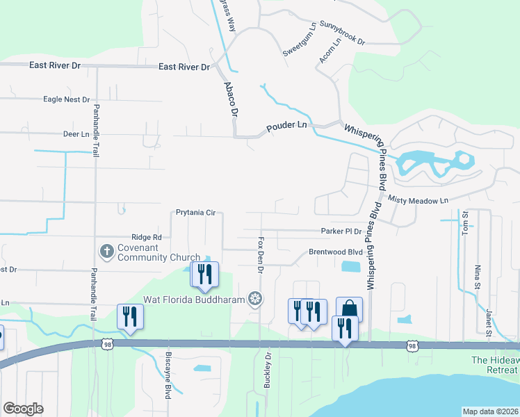 map of restaurants, bars, coffee shops, grocery stores, and more near 9426 Pine Lily Court in Navarre