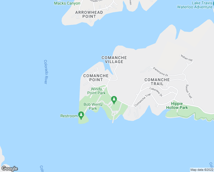 map of restaurants, bars, coffee shops, grocery stores, and more near Comanche Trail & Ridgetop Terrace in Austin