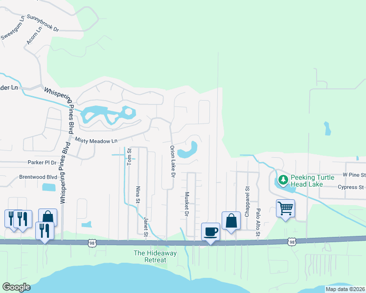 map of restaurants, bars, coffee shops, grocery stores, and more near 9863 Orion Lake Circle in Navarre