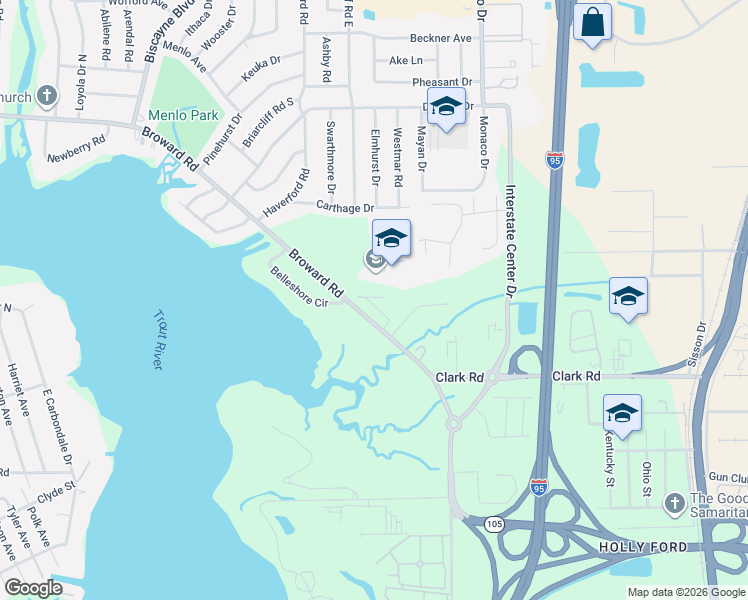 map of restaurants, bars, coffee shops, grocery stores, and more near 1251-1441 Broward Road in Jacksonville
