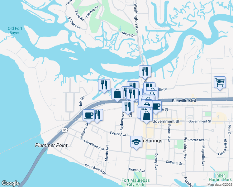 map of restaurants, bars, coffee shops, grocery stores, and more near 717 Bienville Boulevard in Ocean Springs